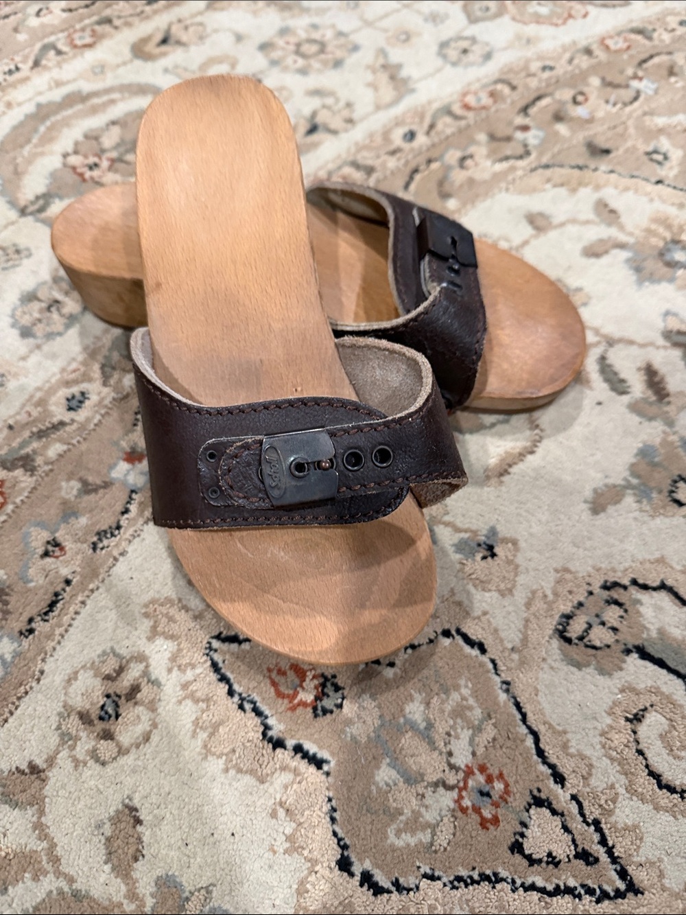 Dr. Scholl's Brown Leather Slide Clogs with Adjustable Buckle